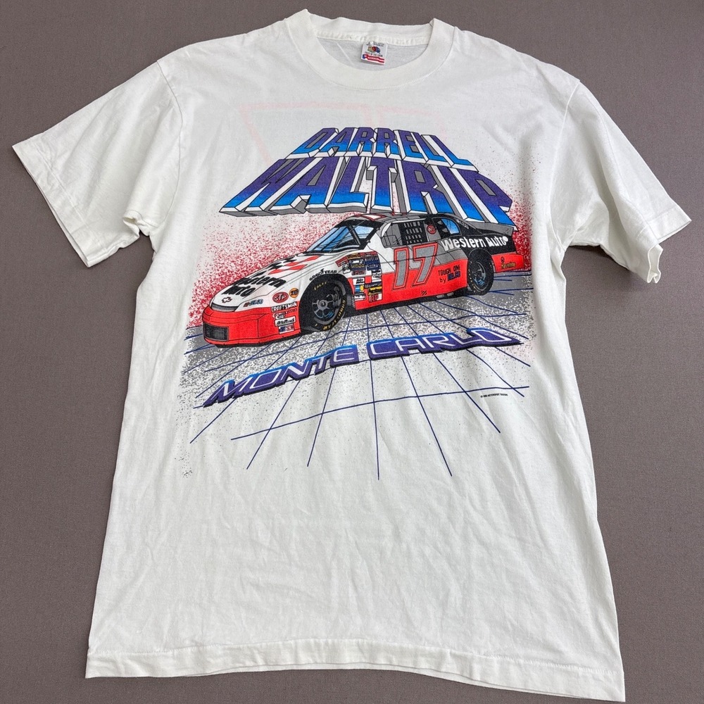 Vintage Darrell Waltrip Western Auto NASCAR Shirt Mens Large White Single Stitch
